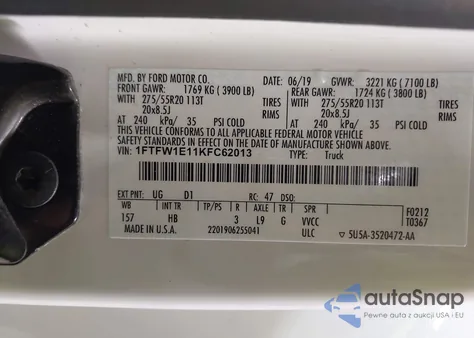 2019 Ford F-150 Lariat from USA, damaged, VIN 1FTFW1E11KFC62013